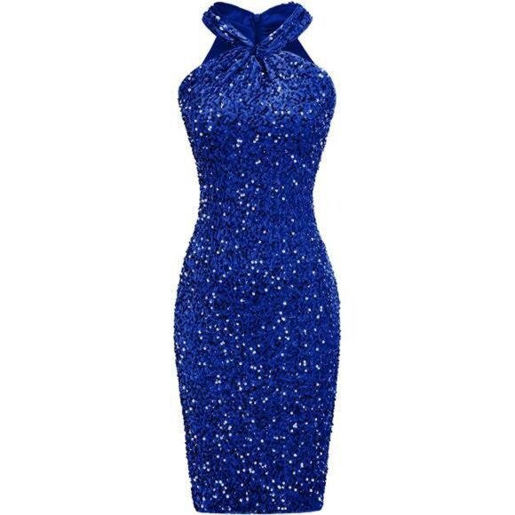 Womens Sequin Dress Sleeveless Sparkly Glitter Halter Blue - Picture 1 of 4